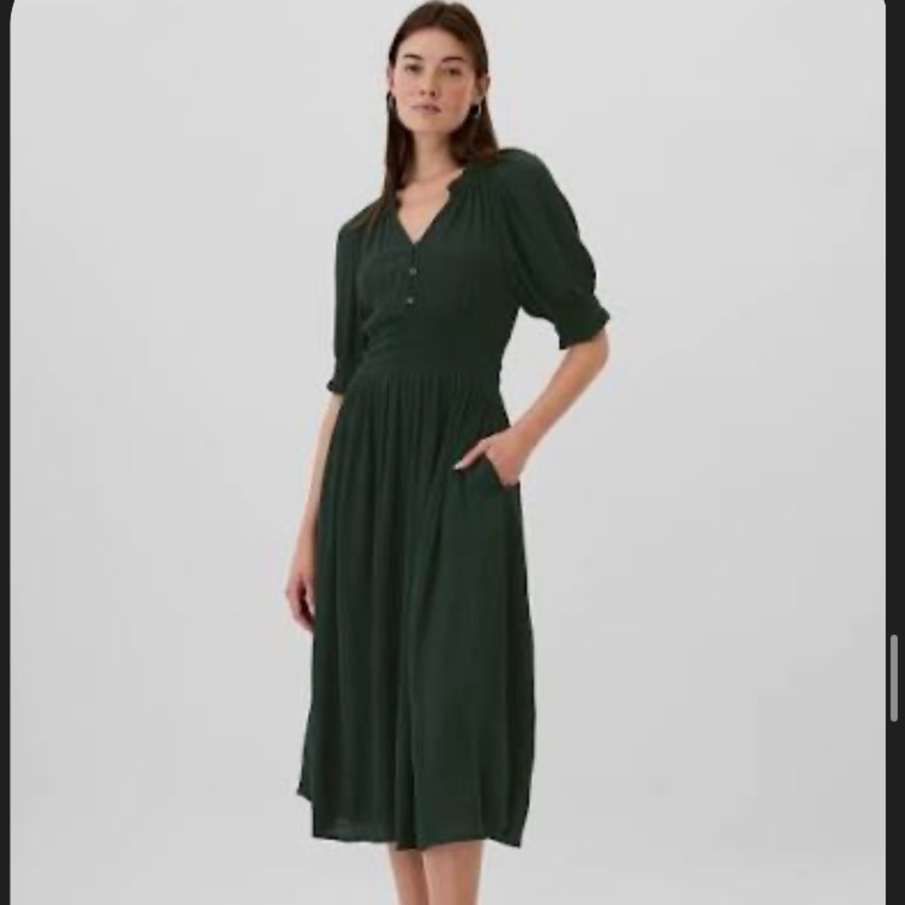 Forest green smocked, split-neck gauze midi dress